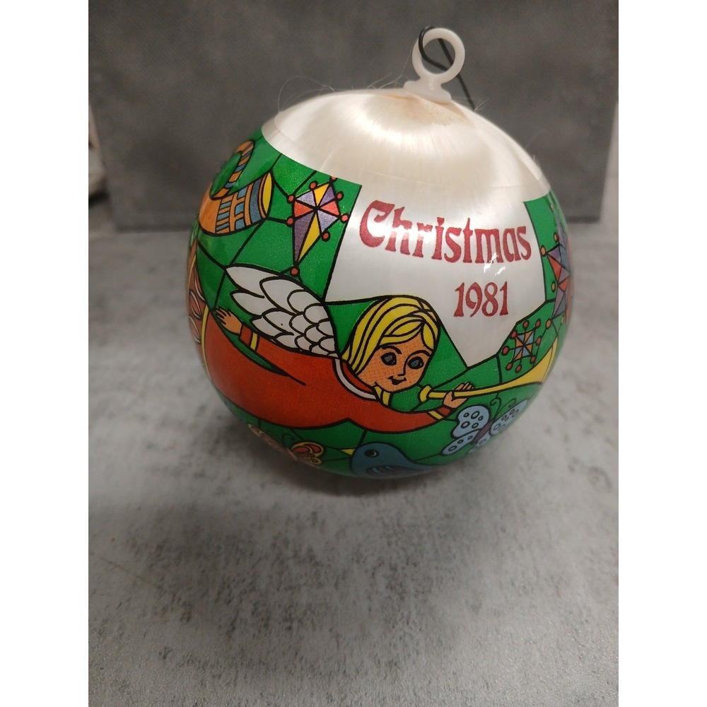 Vintage 1981 Christmas Angel Satin Ball Ornament Stained Glass Style Green White